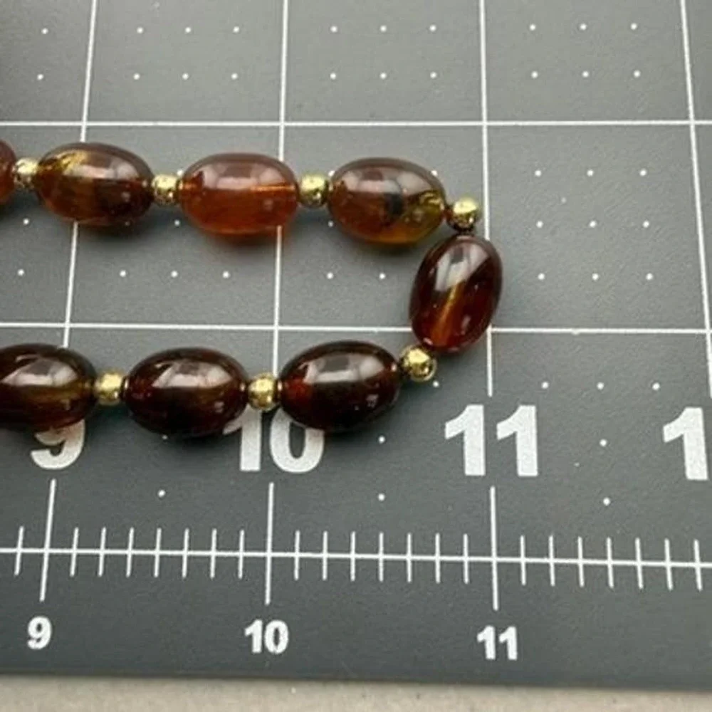 Gold Tone Necklace Faux Amber Oval Bead Screw Clasp Vintage Style